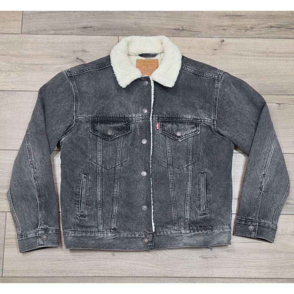 LEVI'S Premium Retro Sherpa Trucker Jacket Womens Small Black Cropped Denim $138